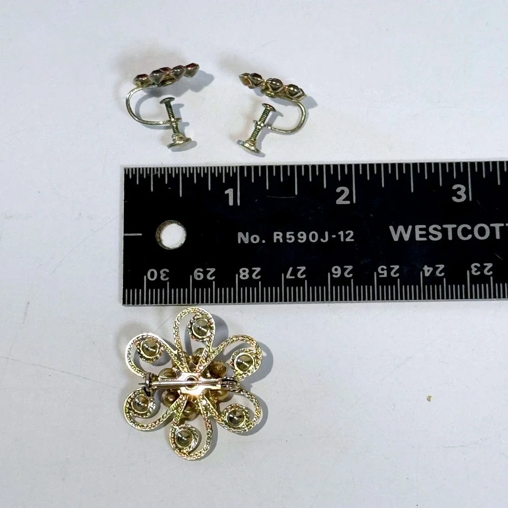 Vintage Floral Red Rhinestone Brooch Pin & Screw Back Earrings Matching Set